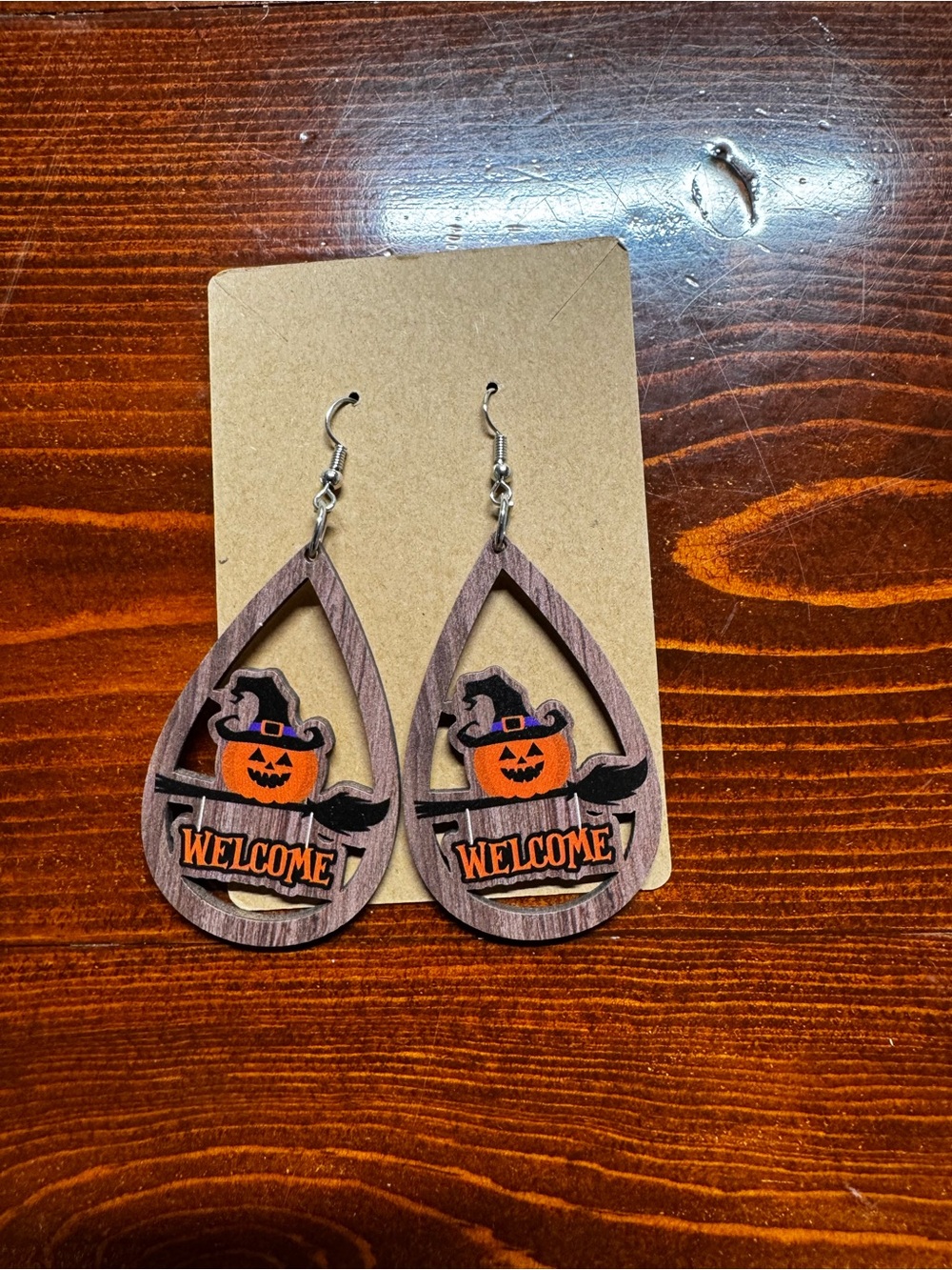 Wooden Halloween Pumpkin 'Welcome' Earrings - Orange